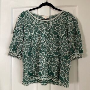 Solitaire Embroidered Floral Bohemian‎ Puff Sleeve Green Cropped Blouse Size XL